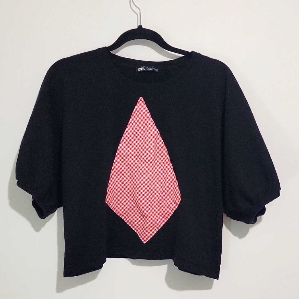 WOMEN'S PEASENT BALLOON SLEEVES BLACK CROPPED TOP ROOMY FIT